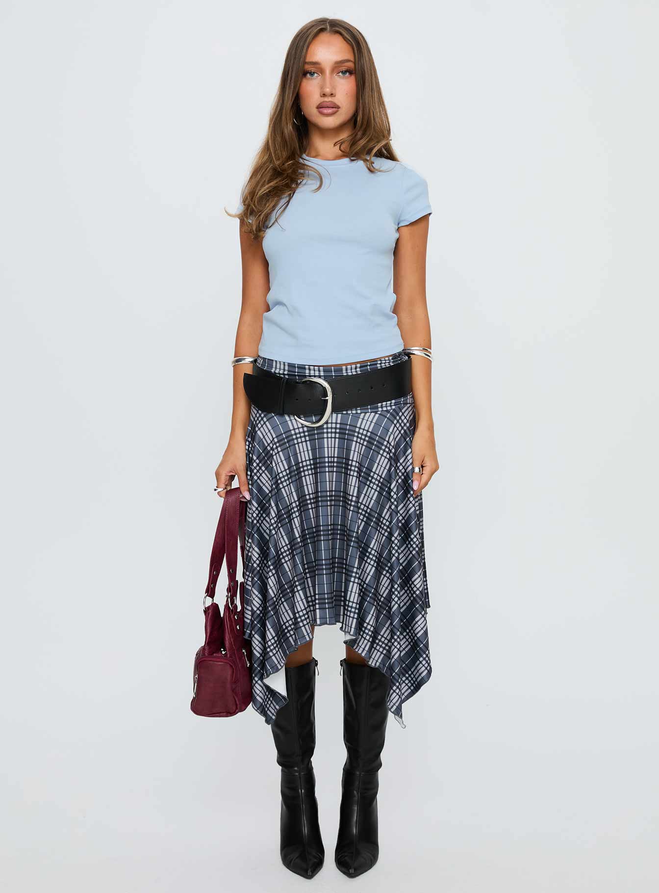 front view of model wearing Princess Polly Prestige Longline Baby Tee Soft Blue Short Sleeves Crew Neck 