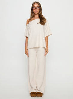 front view of model wearing Princess Polly Bekki Wide Leg Knit Pant Oat High Rise Pants 