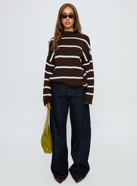 front view of model wearing Princess Polly Alara Mock Neck Knit Sweater Brown Stripe 