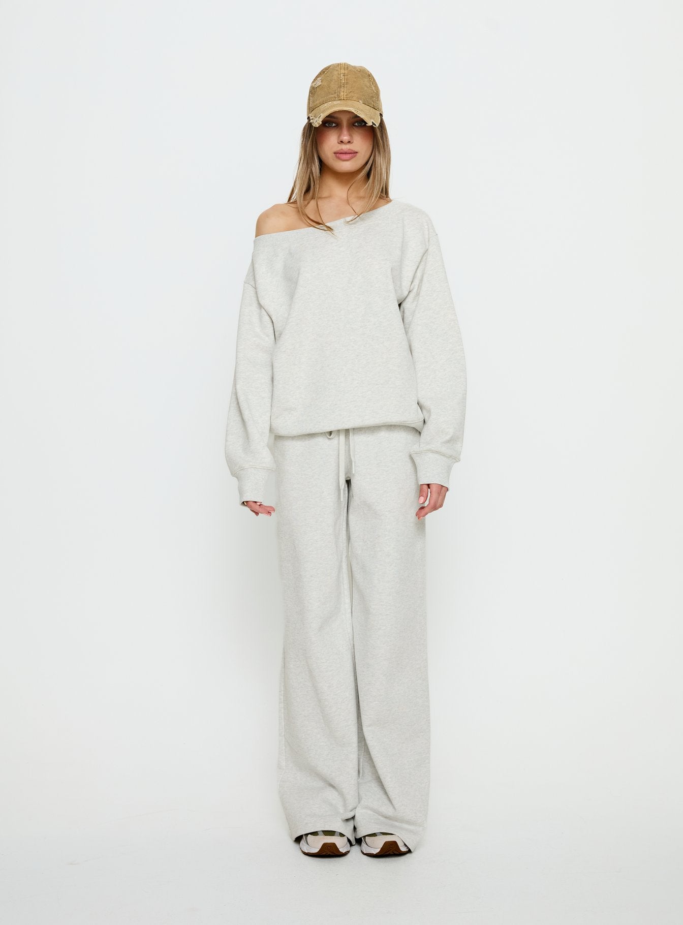 front view of model wearing Princess Polly Dodie Wide Leg Pants Grey Marle Mid Rise Pants 