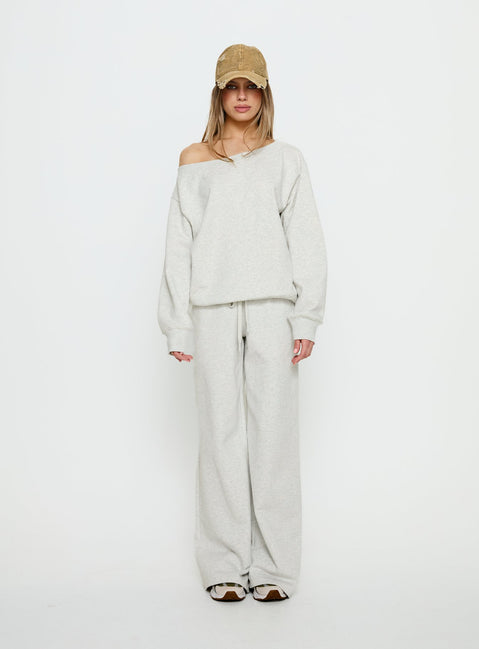 front view of model wearing Princess Polly Dodie Wide Leg Pants Grey Marle Mid Rise Pants 