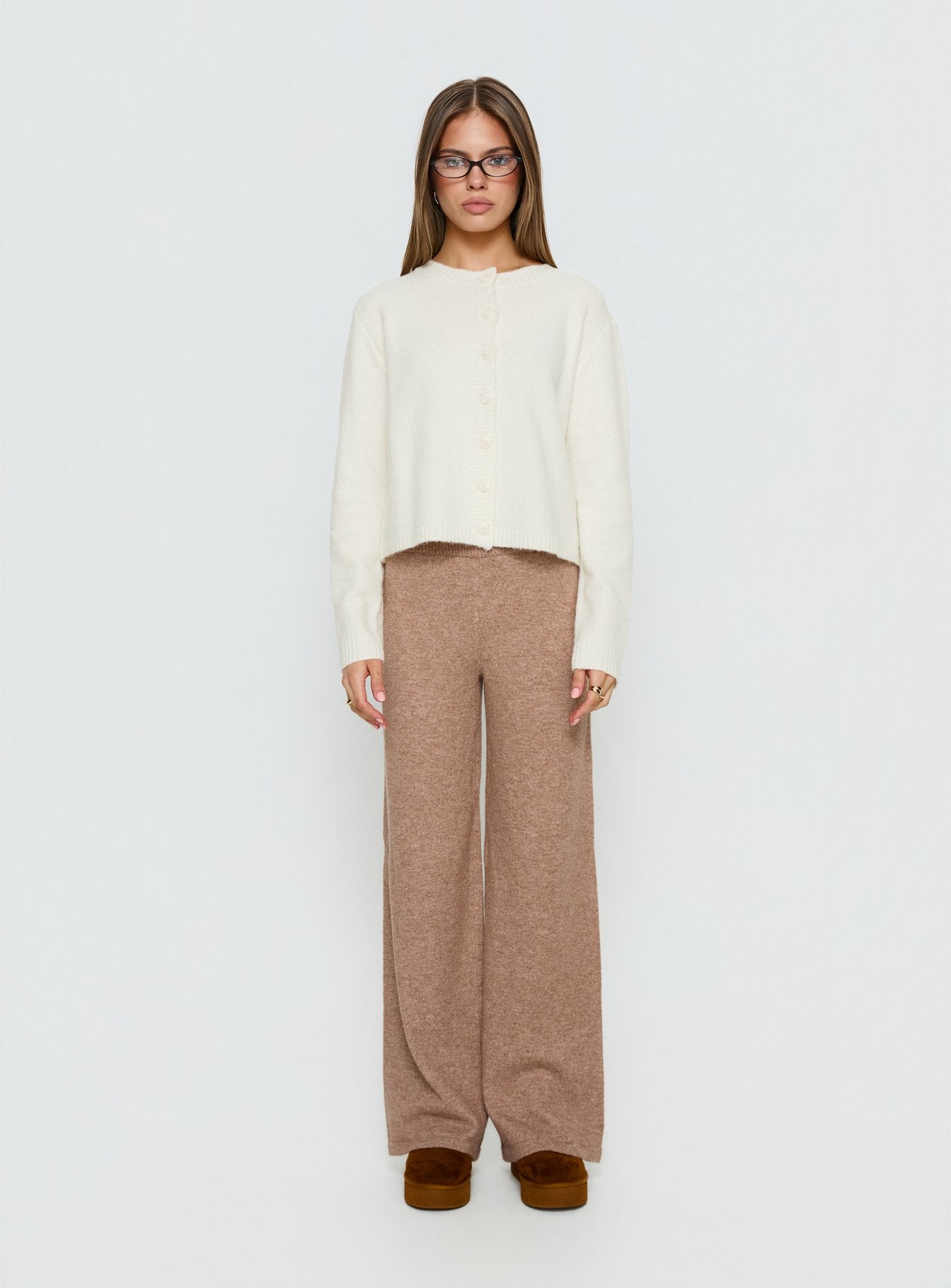 side view of model wearing Princess Polly Bekki Wide Leg Knit Pant Mocha High Rise Pants 
