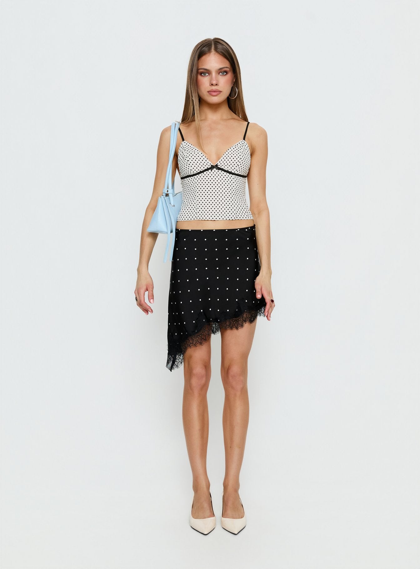 Idette Lace Asymmetrical Mini Skirt Black Polka Dot | Princess Polly