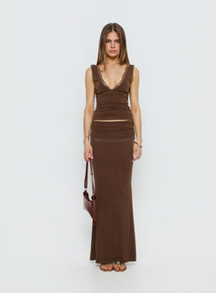   front view of model wearing Princess Polly Zespri Jersey Maxi Skirt Brown Maxi Skirts 