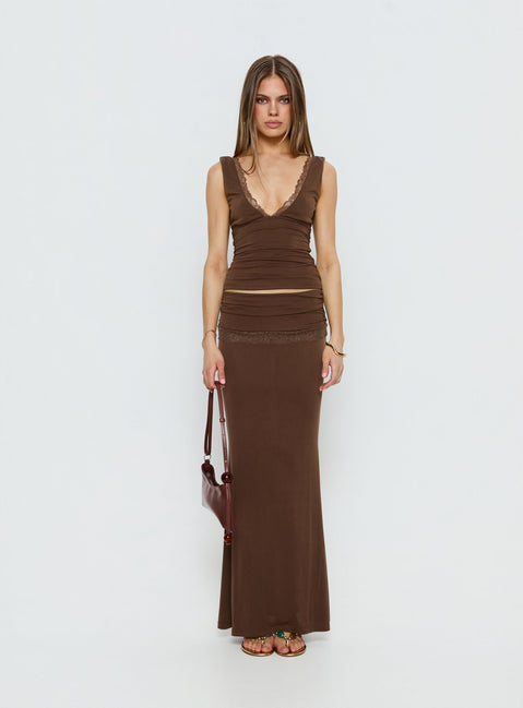   front view of model wearing Princess Polly Zespri Jersey Maxi Skirt Brown Maxi Skirts 
