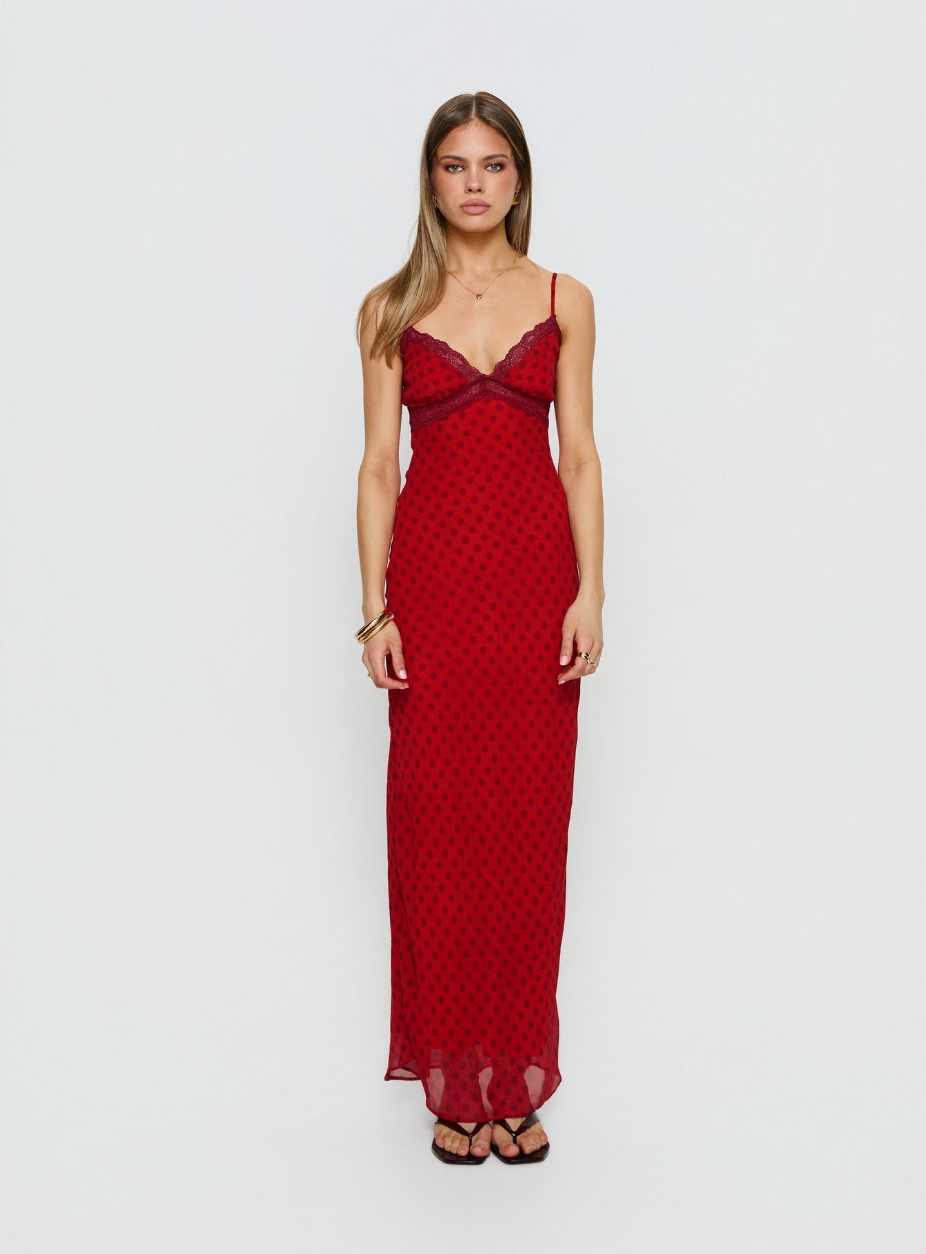 Adasia Lace V Neck Maxi Dress Red Polka Dot | Princess Polly Adasia Lace V Neck Maxi Dress Red Polka Dot | Princess Polly