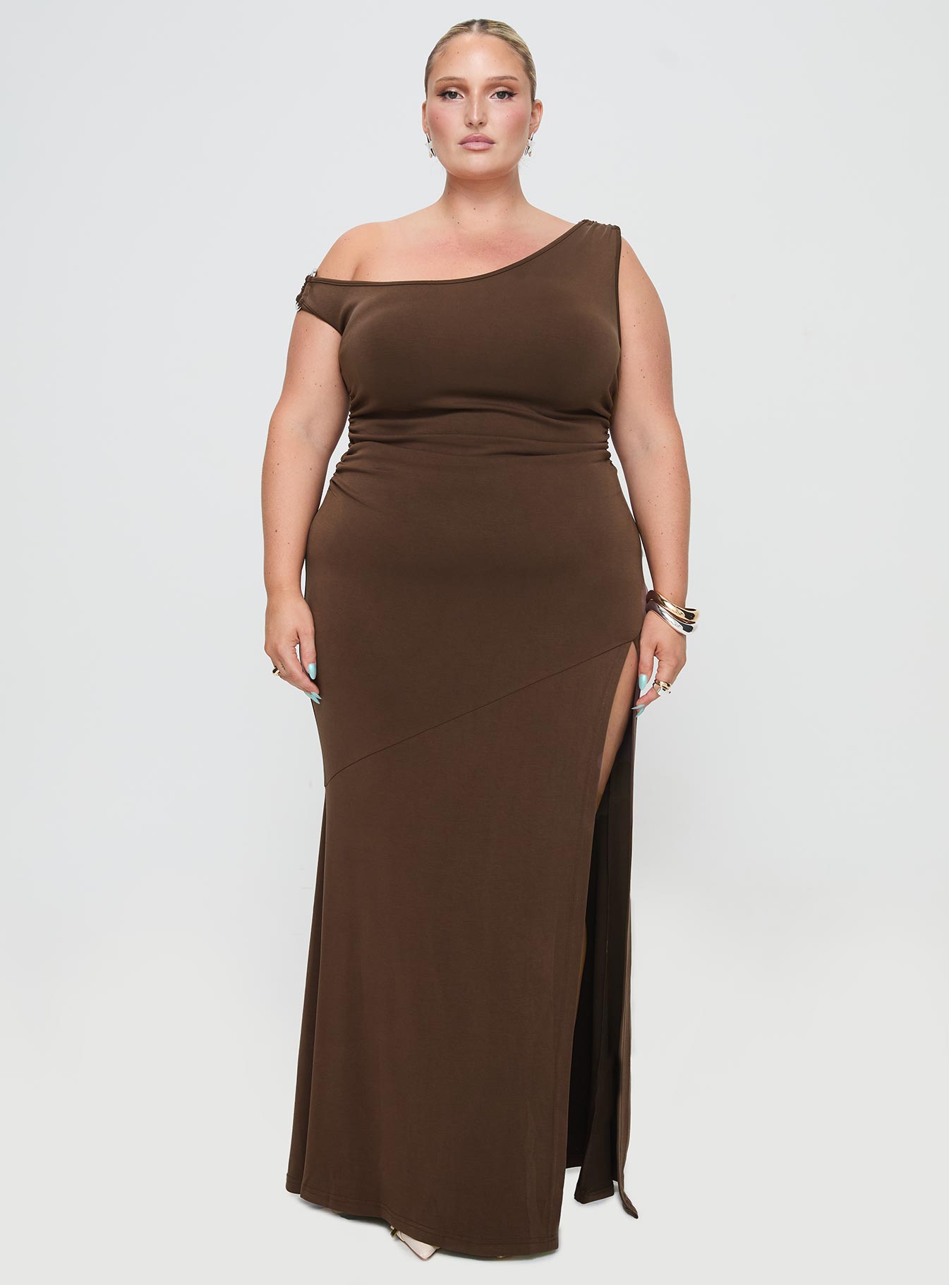 Rios One Shoulder Maxi Dress Brown Curve | Princess Polly Rios One Shoulder Maxi Dress Brown Curve | Princess Polly