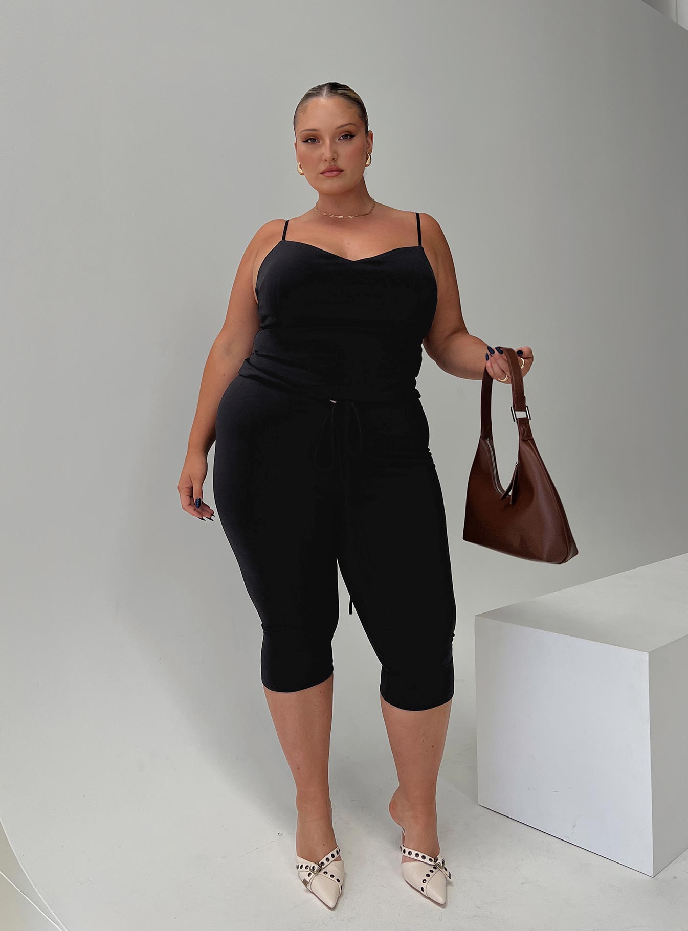 front view of model wearing Princess Polly Gisella Pants Black Curve High Waisted Pants 