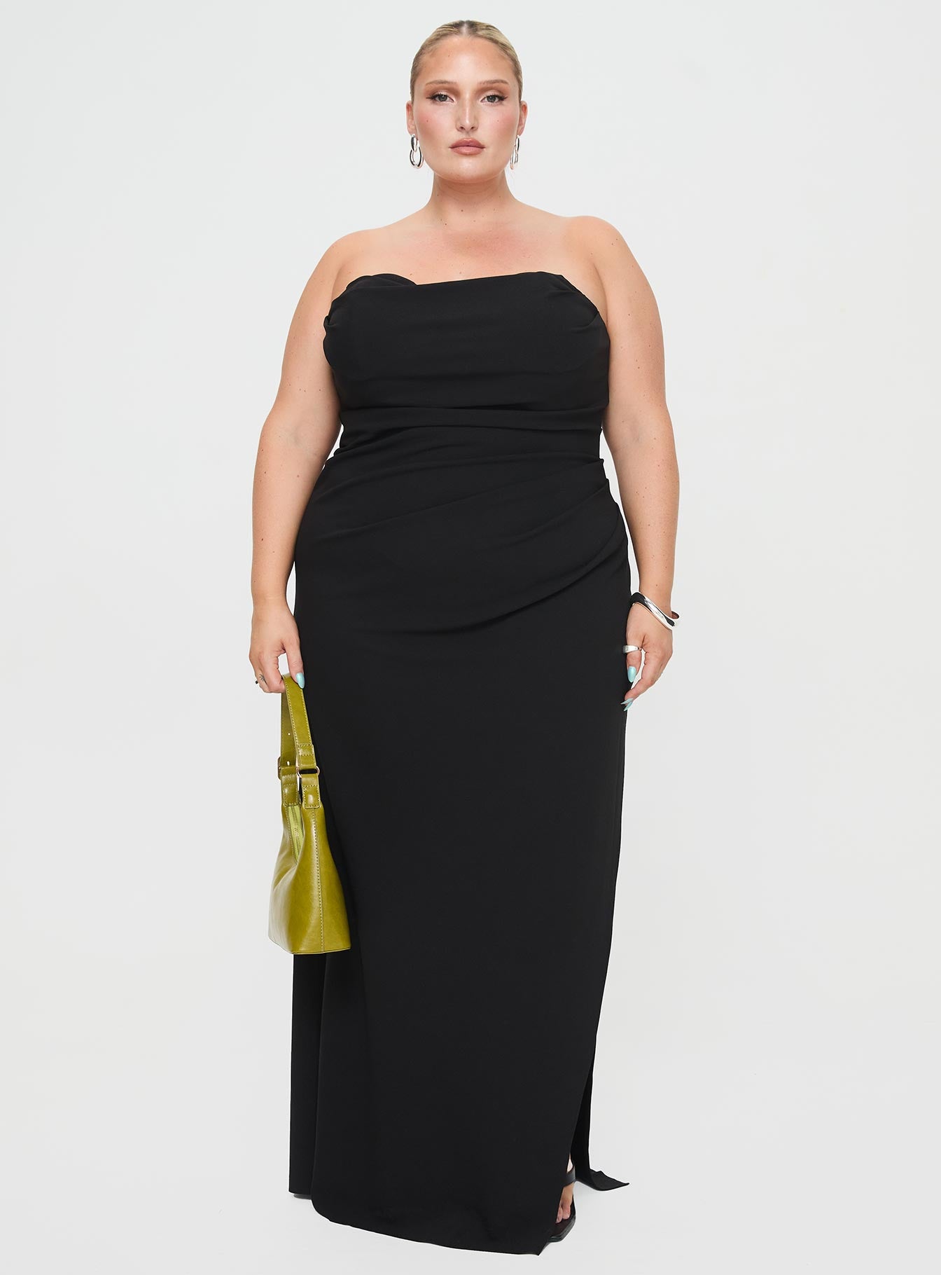 front view of model wearing Princess Polly Ferri Strapless Maxi Dress Black Curve Straight Neck 
