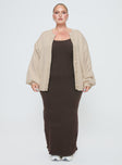Princess Polly Curve  Knit cardigan Drop shoulder, button fastening at front, ribbed trim  Slight stretch, unlined