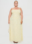 Yellow maxi dress floral print, straight neckline, adjustable straps with tie, invisible zip fastening