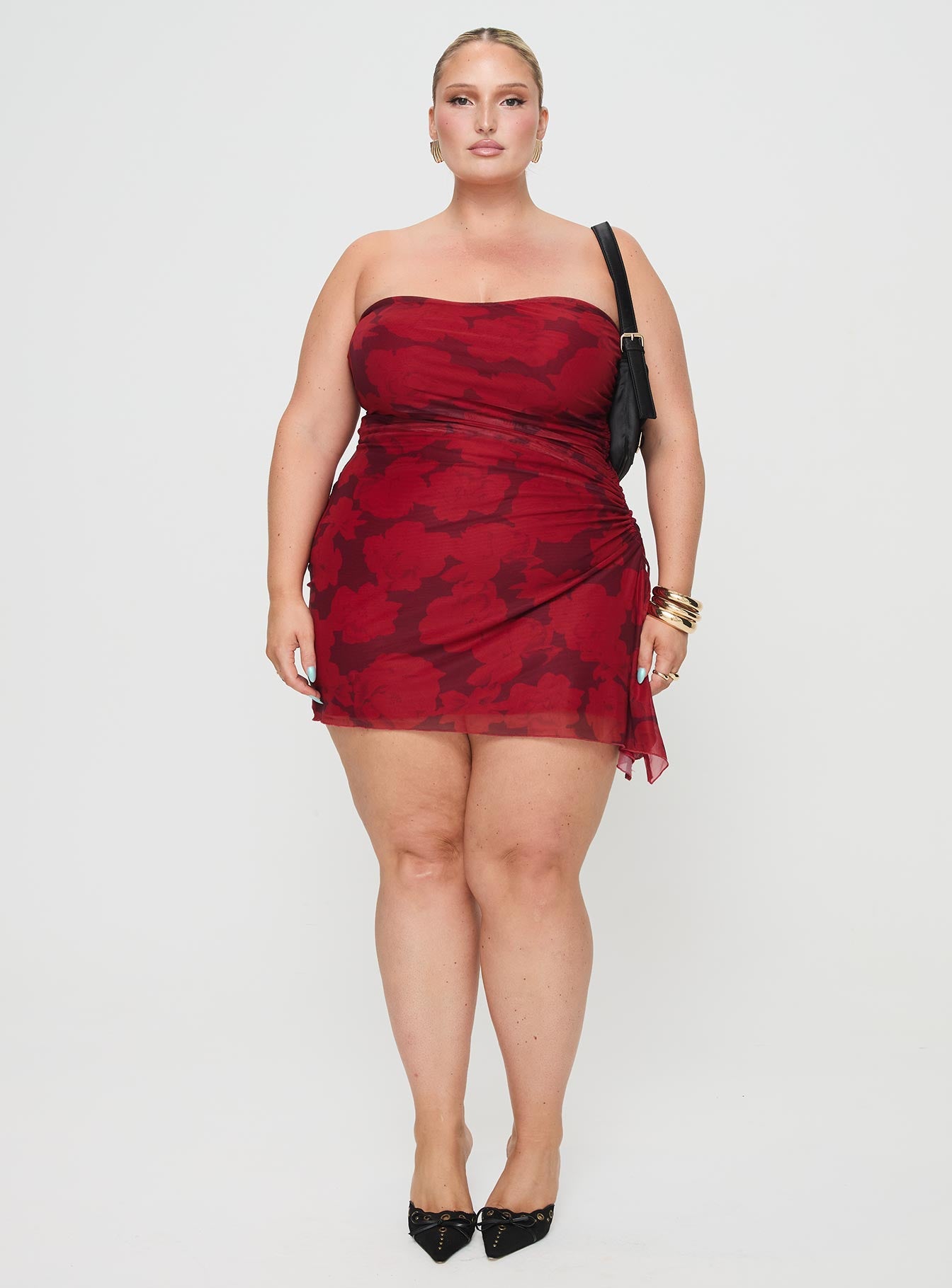 front view of model wearing Princess Polly Donelli Mini Dress Burgundy / Red Floral Curve Straight Neck 