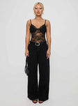 front view of model wearing Princess Polly Wystan Lace Bodysuit Black Sleeveless 