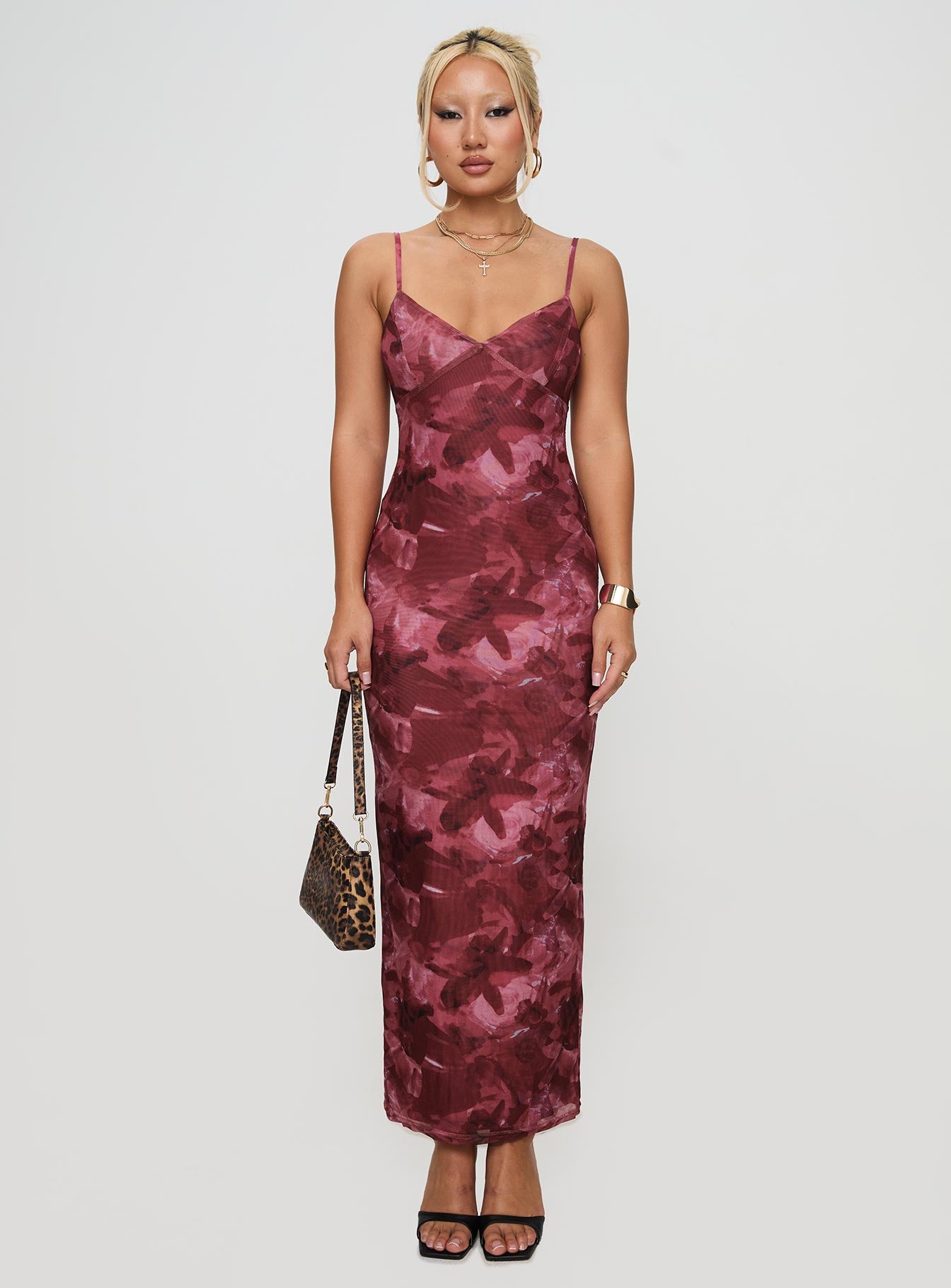 front view of model wearing Princess Polly Hathaway Maxi Dress Burgundy Floral V-Neck 