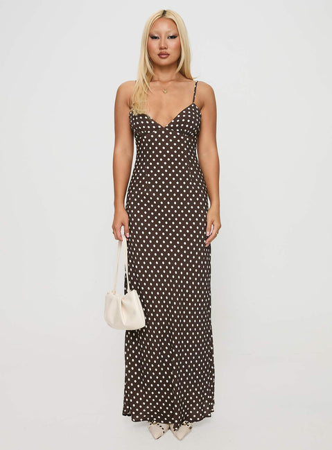 Jorjana Maxi Dress Brown | White Polka Dot | Brown | White Polka Dot | Womens | Princess Polly Lower Impact Jorjana Maxi Dress Brown | White Polka Dot | Brown | White Polka Dot | Womens | Princess Polly Lower Impact