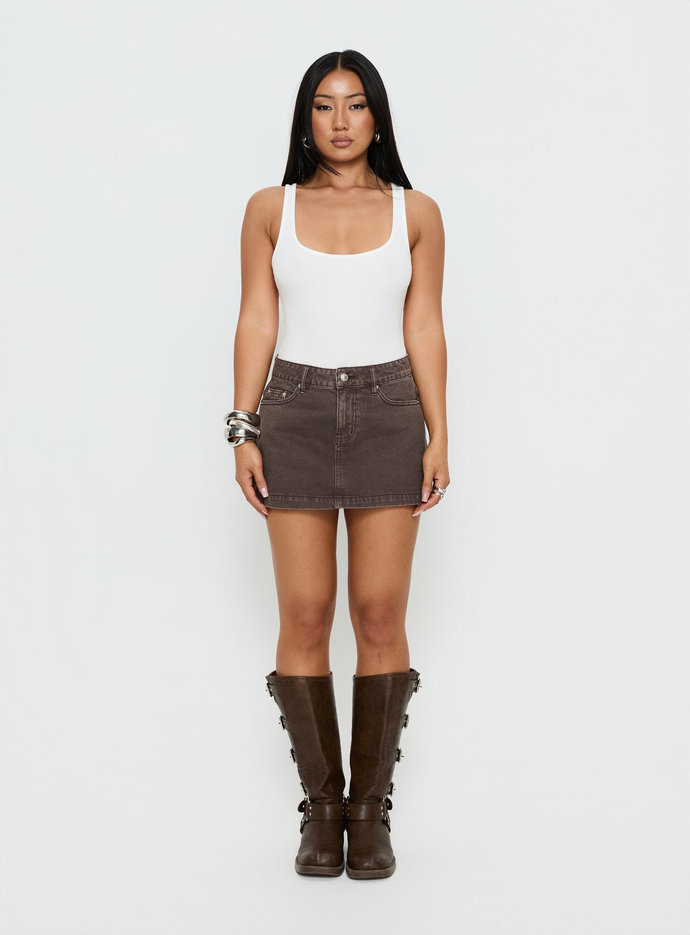 Nicolina Low Rise Denim Mini Skirt Washed Brown | Princess Polly