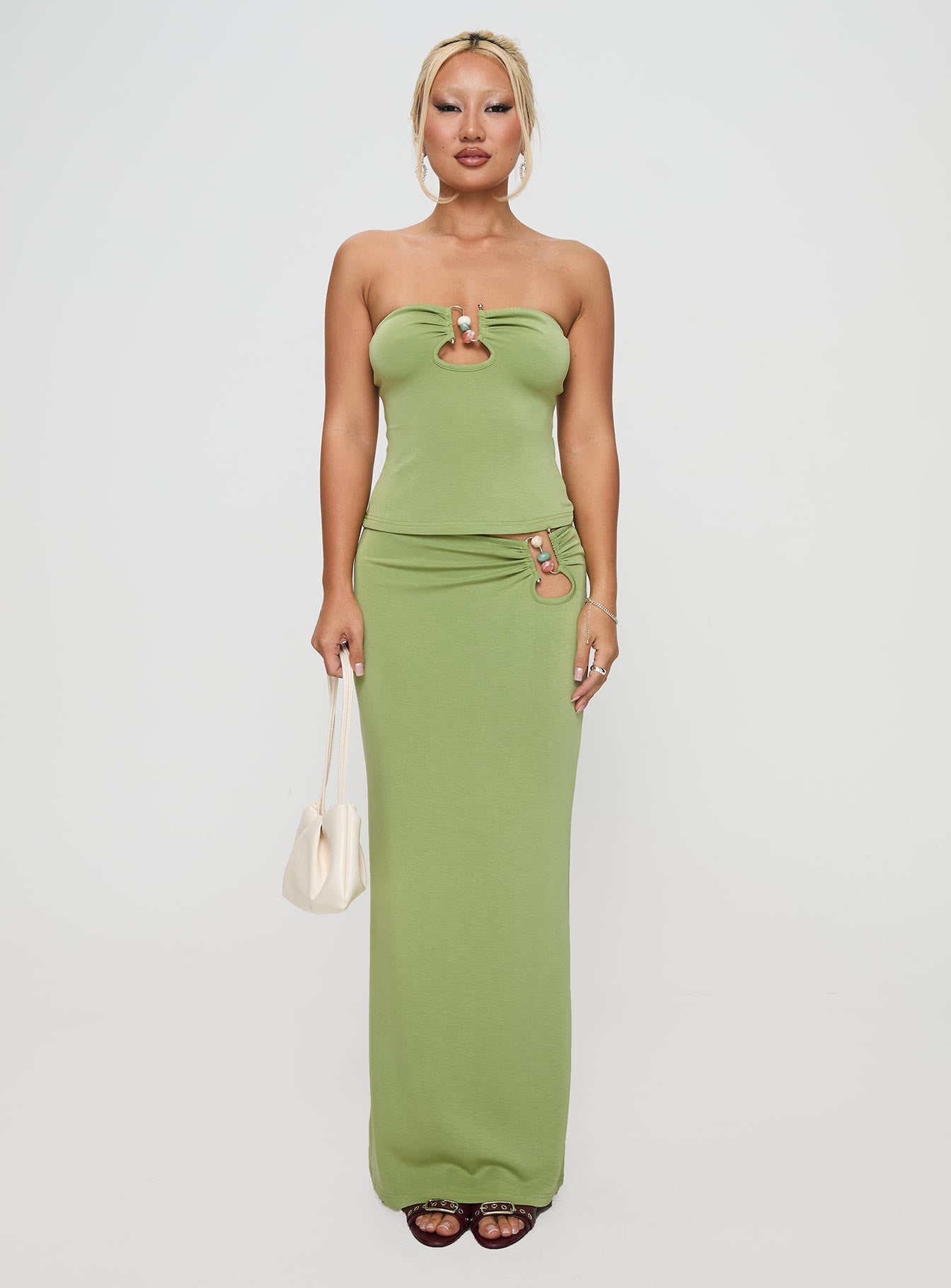   front view of model wearing Princess Polly Sun Chaser Maxi Skirt Green Maxi 