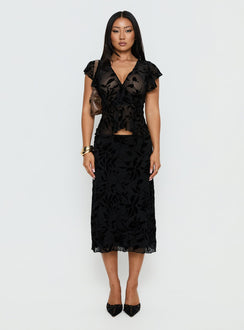   front view of model wearing Princess Polly Atira Midi Skirt Leaf Flower Black Midi Skirts 