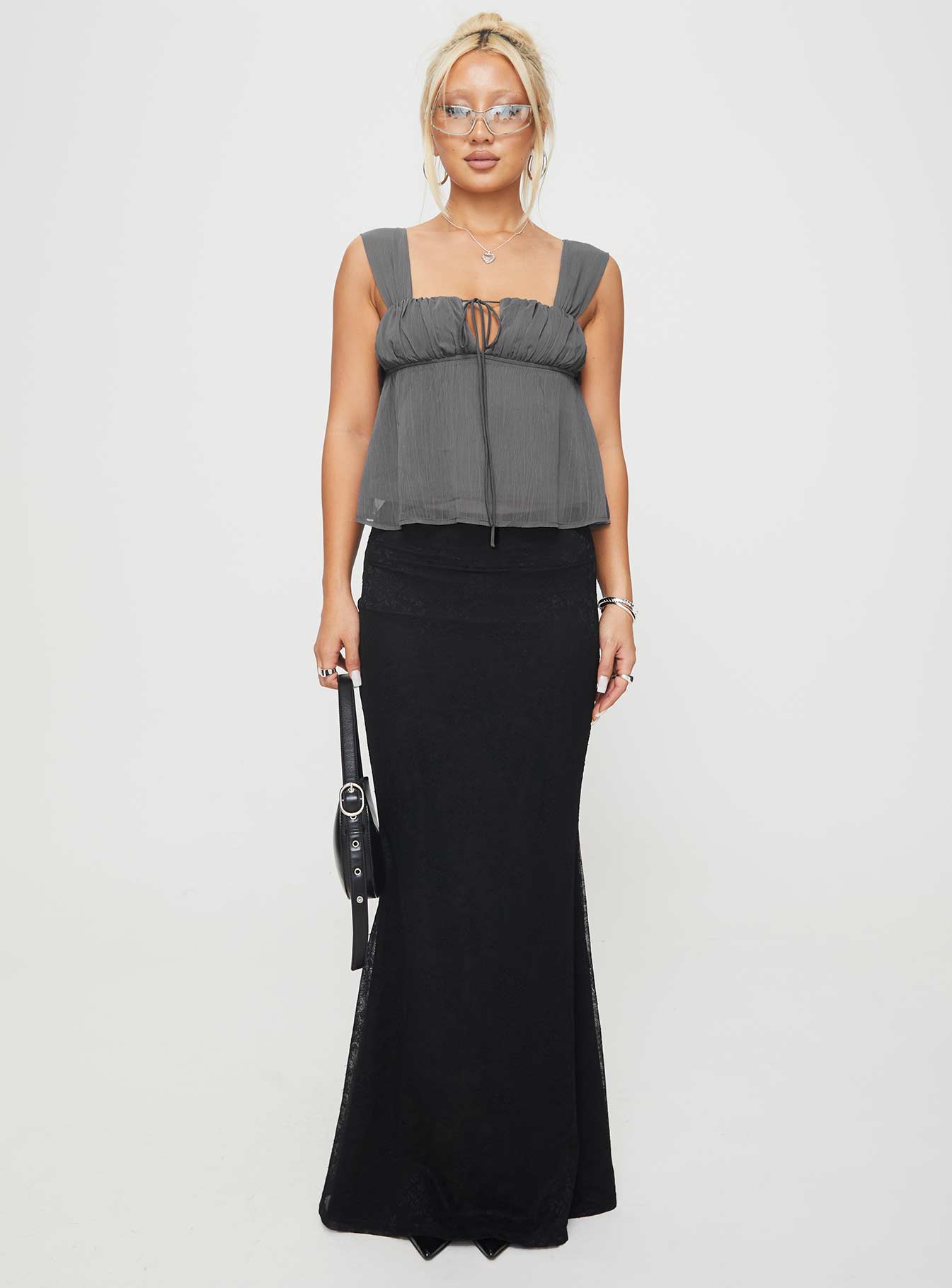 front view of model wearing Princess Polly Mooney Top Slate Grey Sleeveless Square Neck 