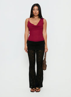 front view of model wearing Princess Polly Gogo Lace Flare Pants Black Mid Rise Pants 