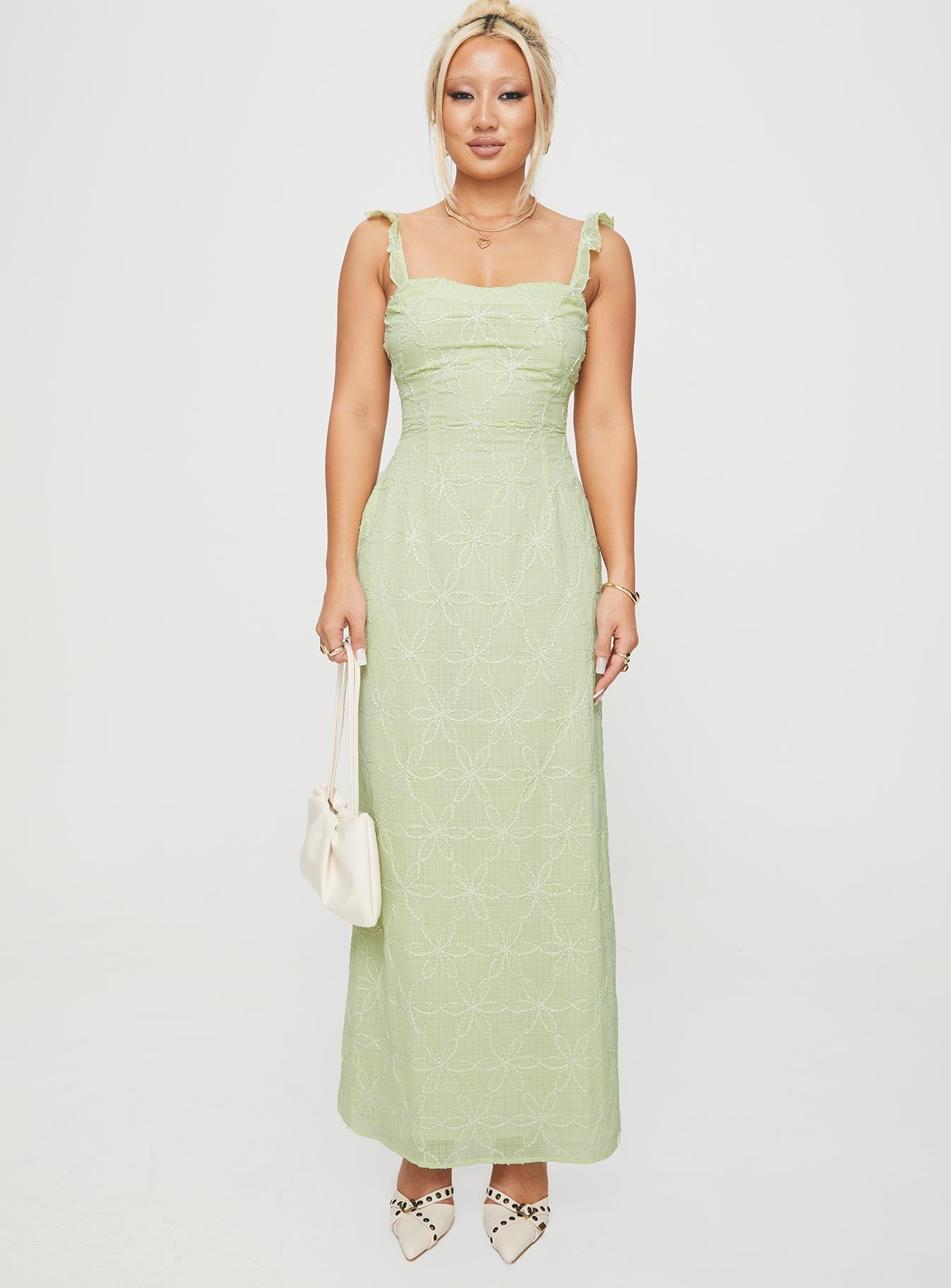front view of model wearing Princess Polly Burner Maxi Dress Green Sweetheart Neckline 
