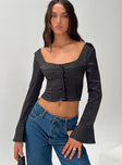 Black Long sleeved top Cropped fit, button front fastening, flared sleeve with slit detail, satin feel material