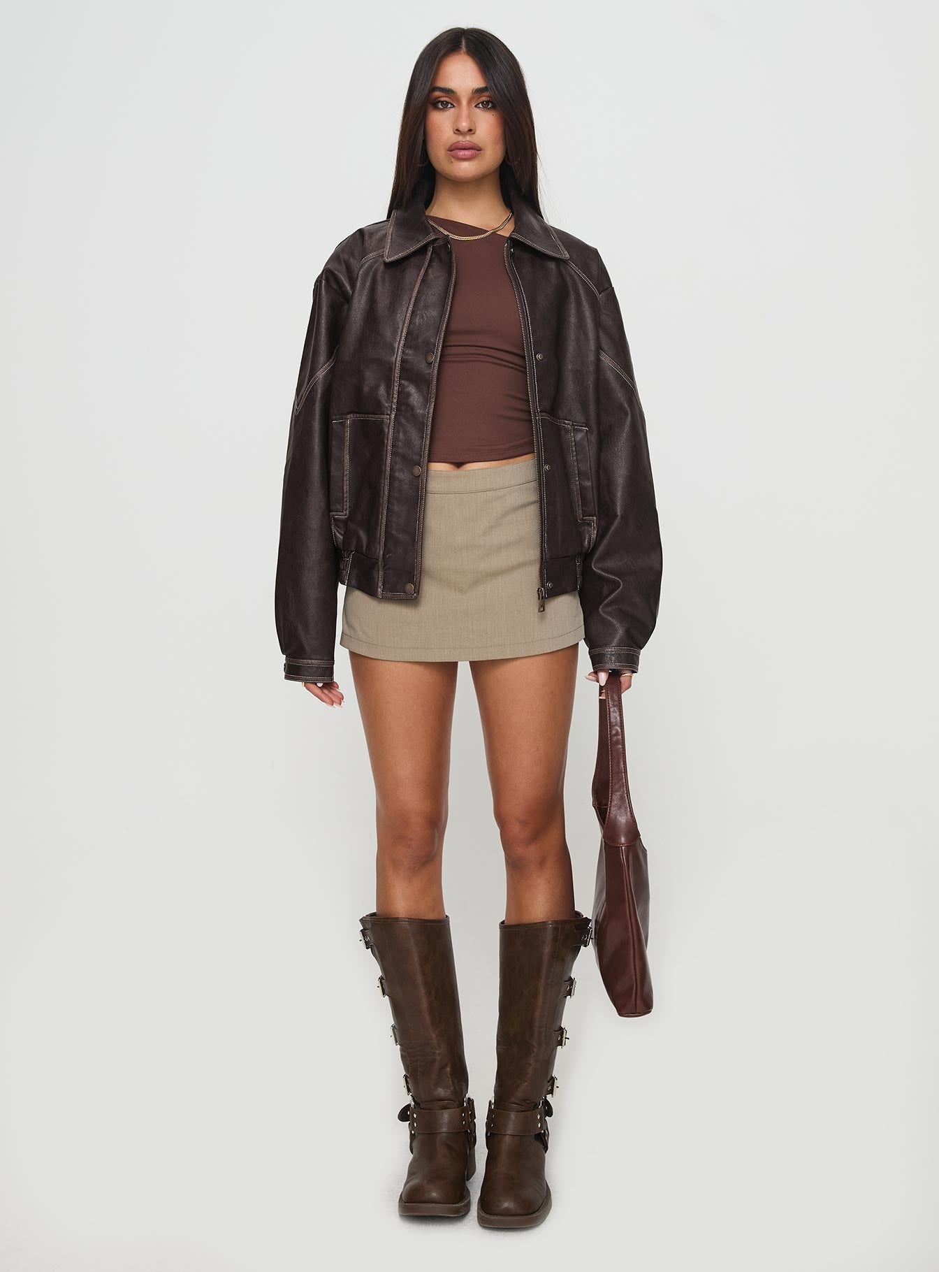 Jaxton Faux Leather Jacket Brown | Princess Polly