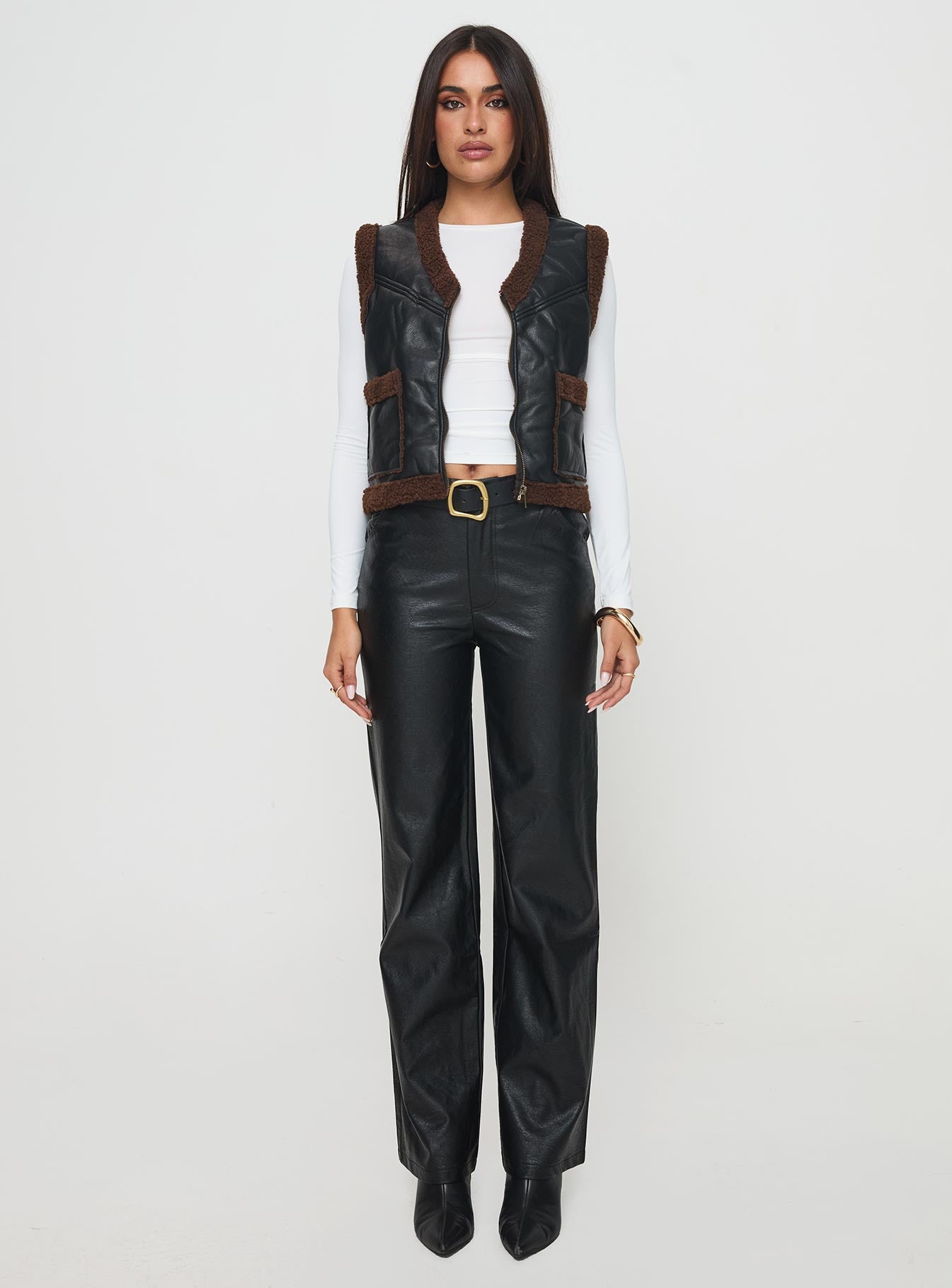 side view of model wearing Princess Polly Benner Low Waist Wide Leg Faux Leather Pants Black High Waisted Pants 