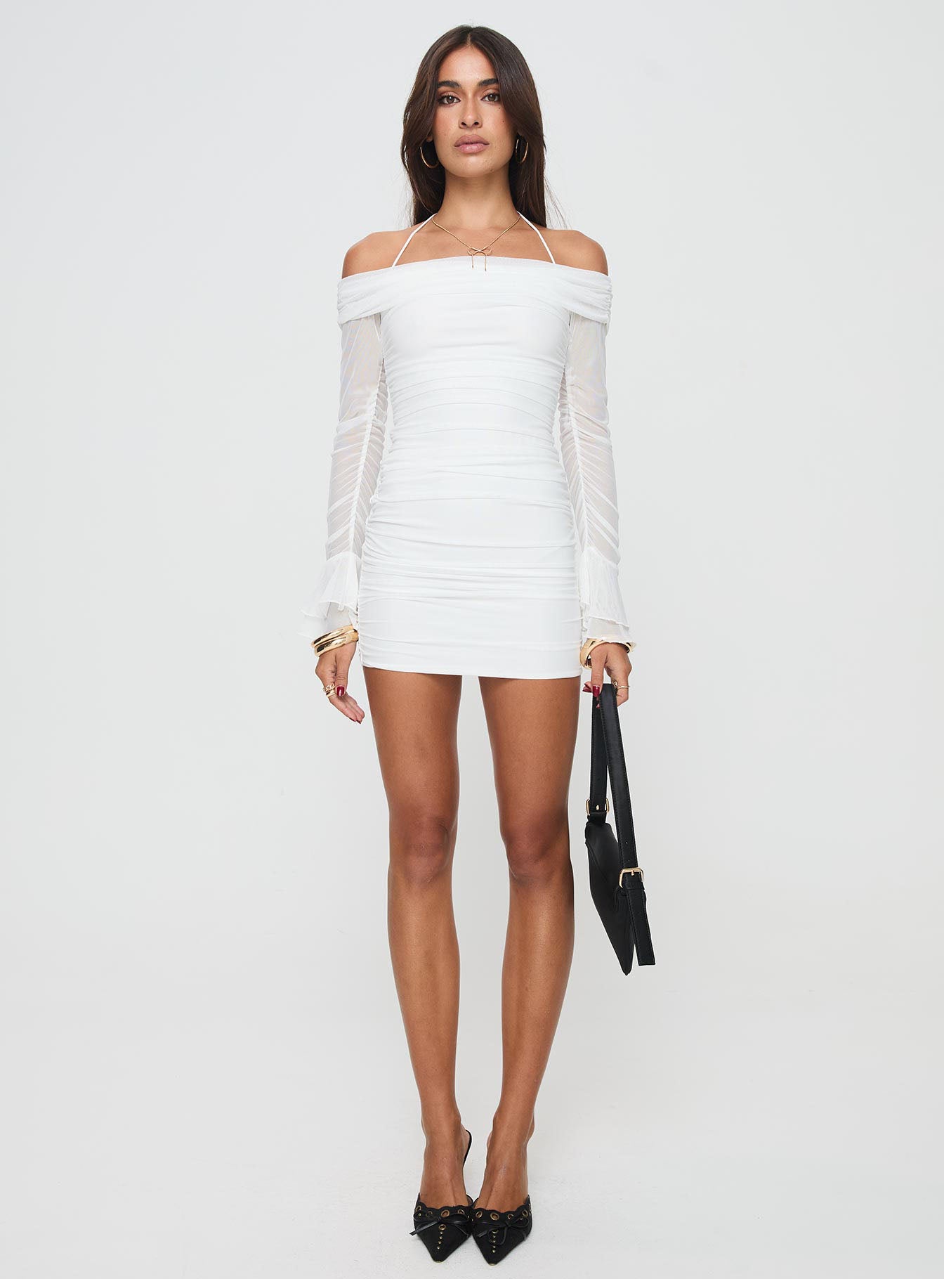 front view of model wearing Princess Polly Taylon Off The Shoulder Mini Dress White Straight Neck 