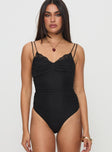 Front view of model wearing  front Princess Polly Sleeveless Sweetheart  Corella Bodysuit Black