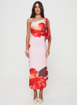 Floral maxi dress Adjustable shoulder straps, asymmetric neckline, ruching at waist Good stretch, fully lined 