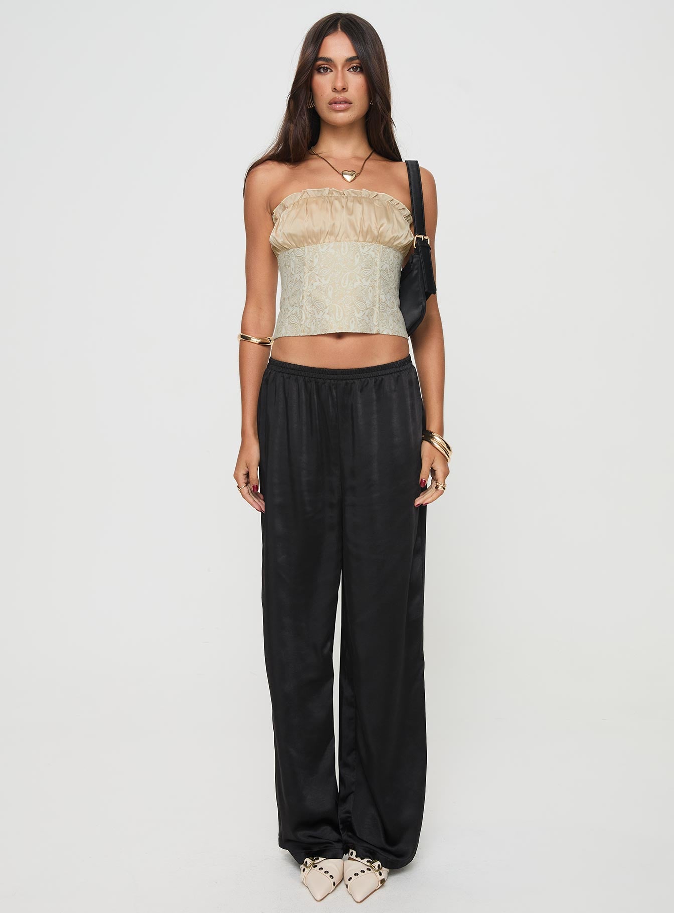 front view of model wearing Princess Polly Fire For You Strapless Top Gold Sleeveless straight 