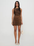 front view of model wearing Princess Polly Rosabella Mini Dress Brown Crew Neck 