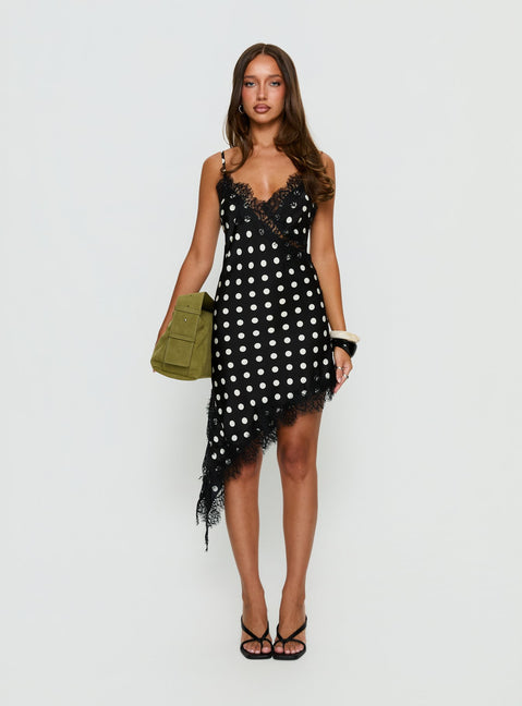 Afterdark Lace Asymmetrical Mini Dress | Black Polka Dot | Womens | Princess Polly Afterdark Lace Asymmetrical Mini Dress | Black Polka Dot | Womens | Princess Polly