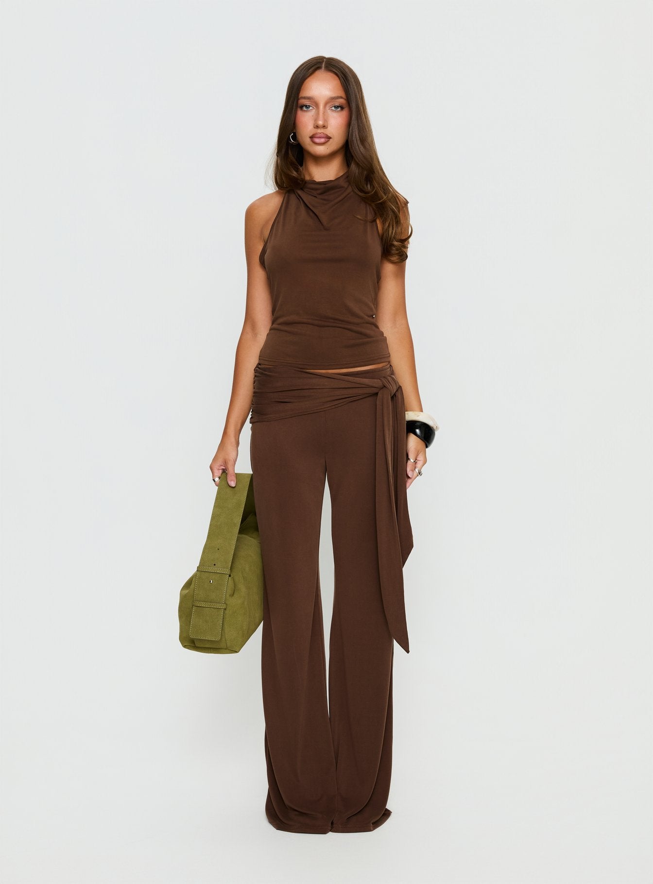 front view of model wearing Princess Polly Katiana Wrap Jersey Pants Brown Mid Rise Pants 