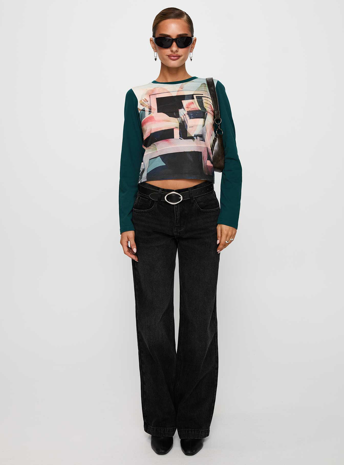 front view of model wearing Princess Polly Anelli Low Rise Straight Leg Jeans Washed Black Low Rise Jeans 