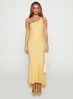 front view of model wearing Princess Polly Starlights One Shoulder Maxi Dress Lemon Asymmetric Neckline 