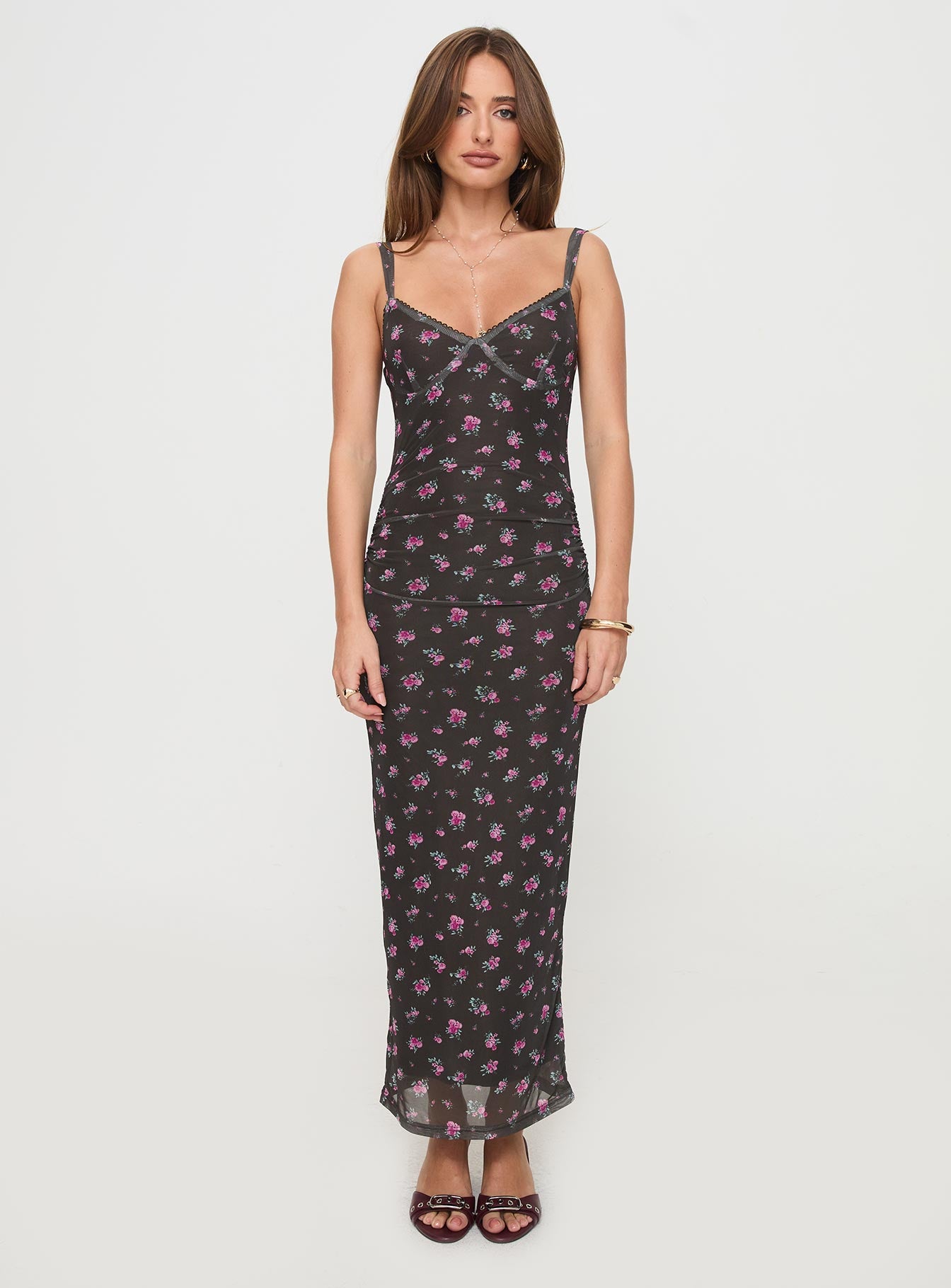front view of model wearing Princess Polly Cotter Maxi Dress Black Floral V-Neck 