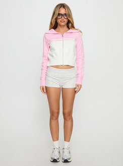 front view of model wearing Princess Polly Take The Lead Zip Through Knit Sweater Pink / White Cropped 