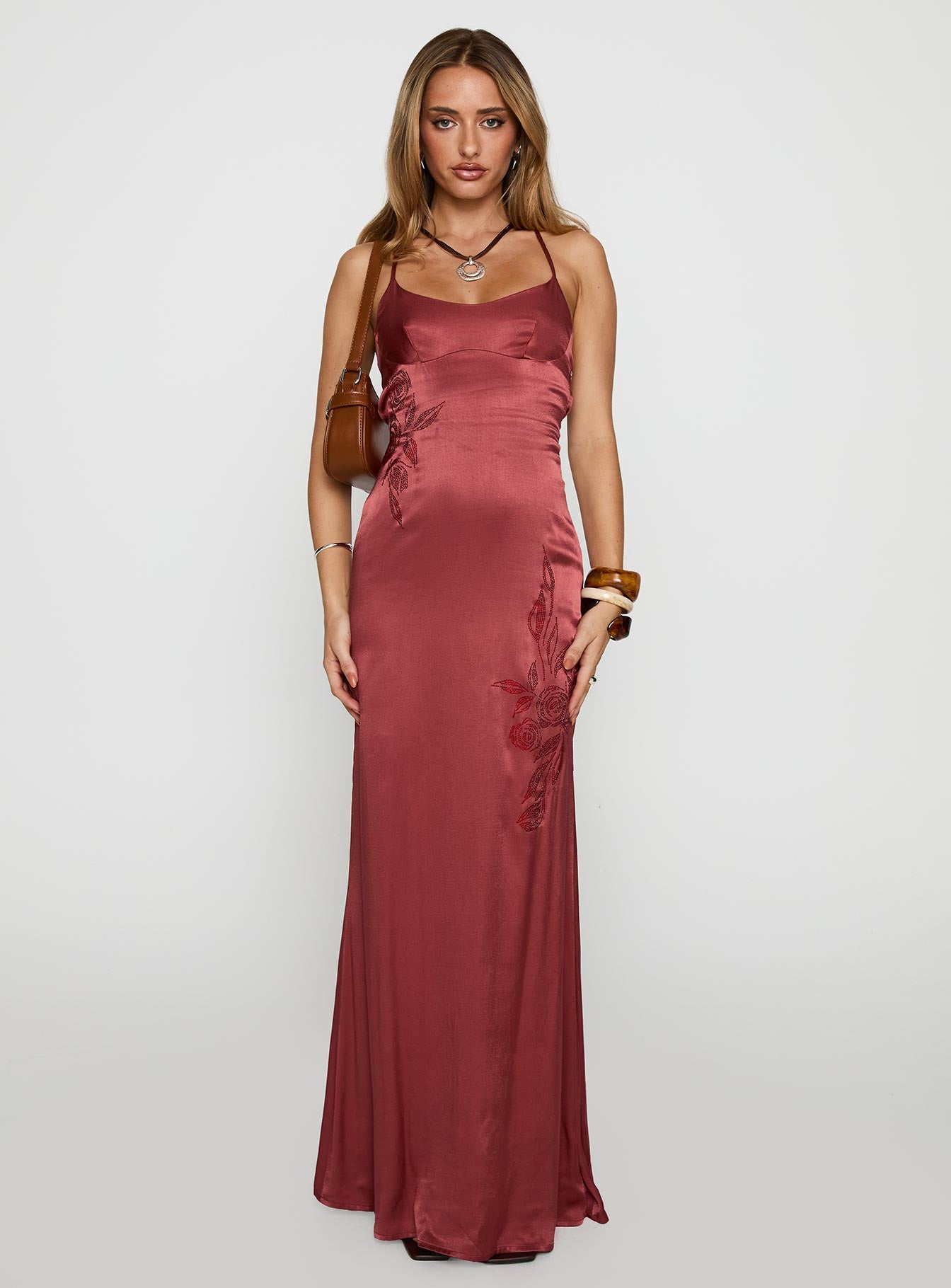 front view of model wearing Princess Polly Catch You Up Beaded Maxi Dress Red Scoop Neck 