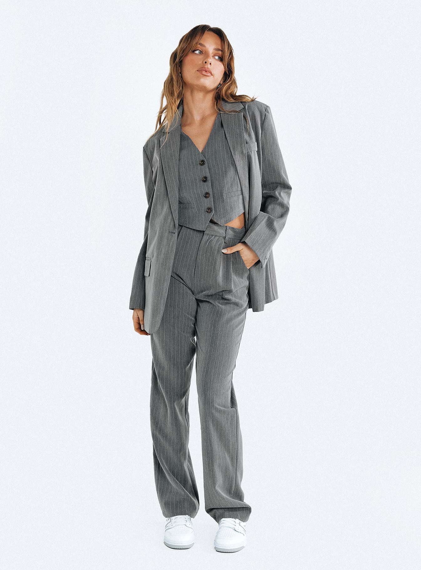 front view of model wearing Princess Polly Purley Pinstripe Pants Grey 