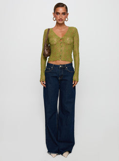 front view of model wearing Princess Polly Prized Possessions Sheer Button Up Top Green Full Sleeves Plunger 