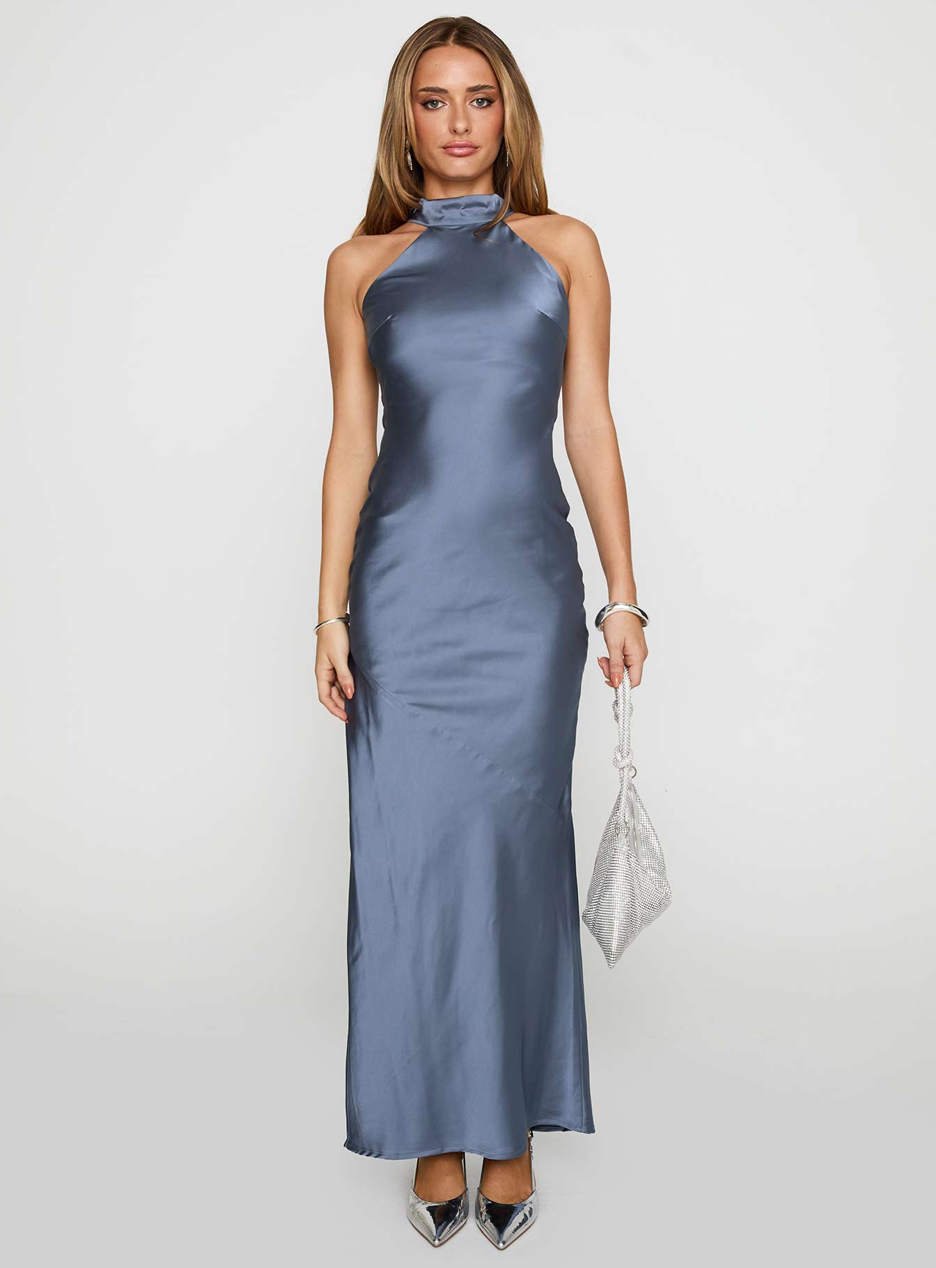 front view of model wearing Princess Polly Mordecai Halter Maxi Dress Blue High Neck 