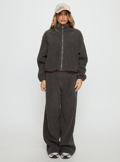 front view of model wearing Princess Polly Siberia Fleece Track Pant Charcoal Mid Rise Pants 
