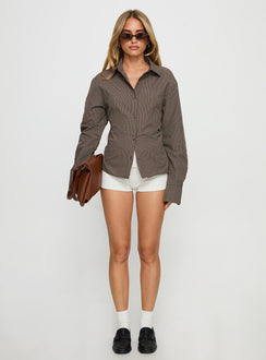 Xinia Tie Waist Long Sleeve Shirt Brown Check