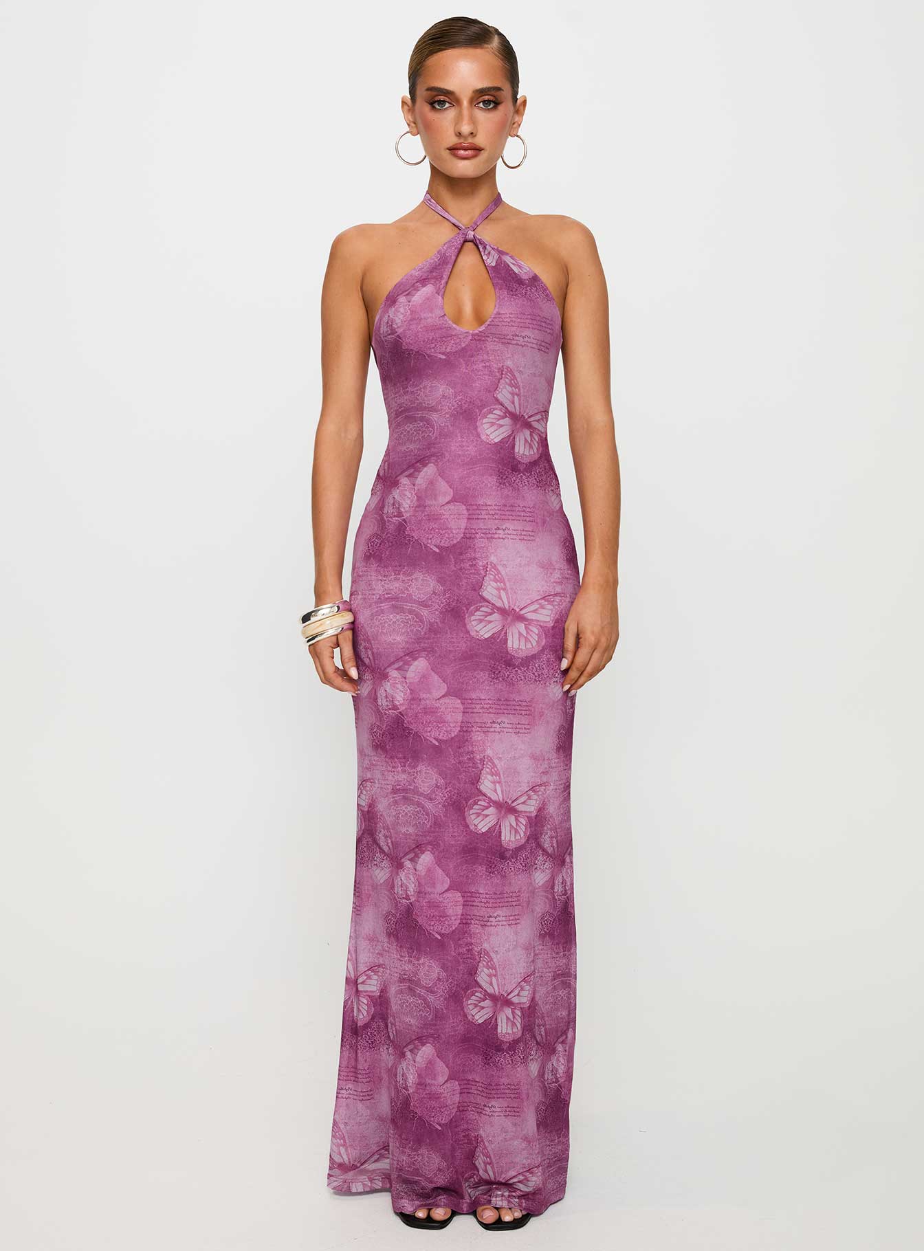 front view of model wearing Princess Polly Nathaleia Halter Maxi Dress Purple Asymmetric Neckline 
