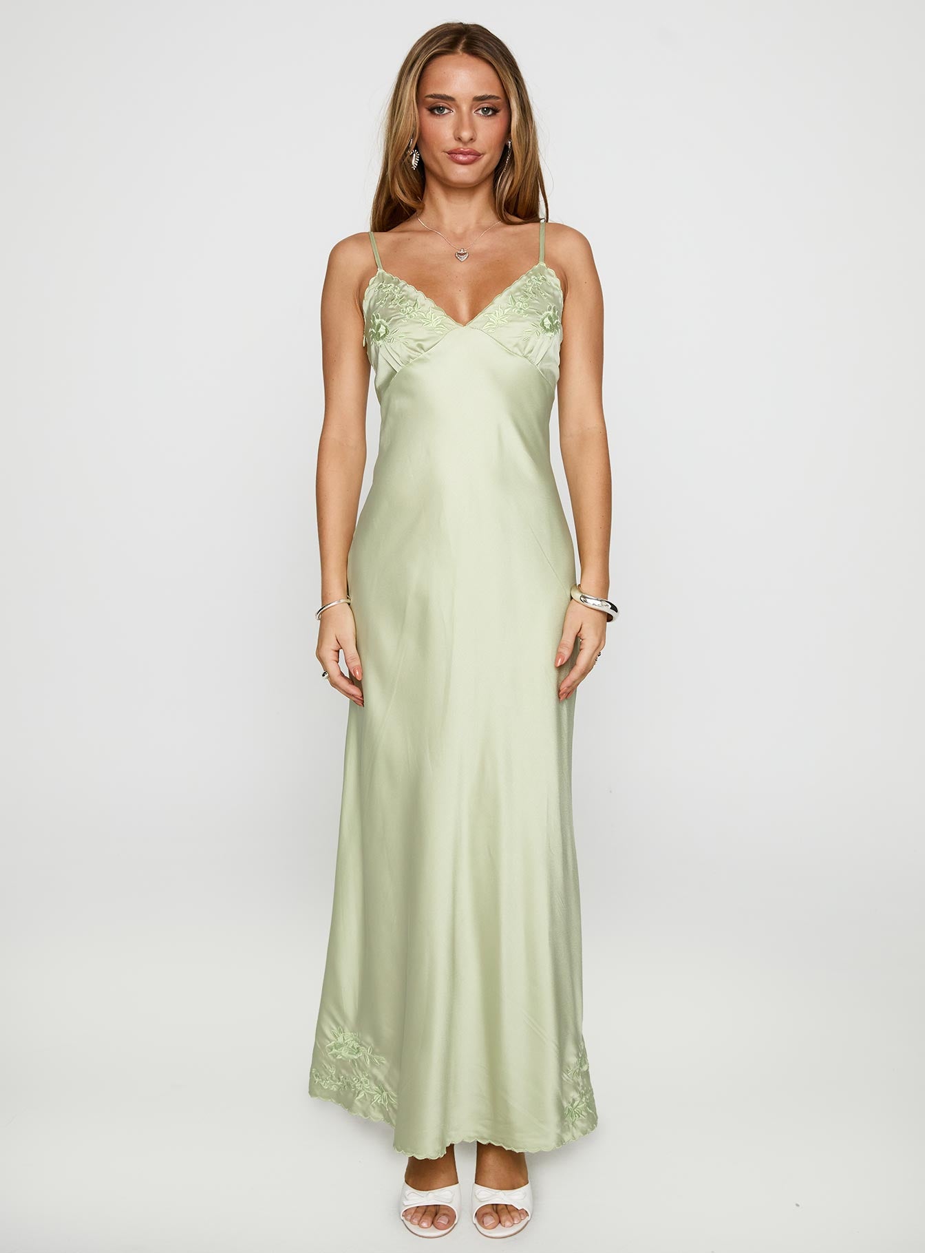 side view of model wearing Princess Polly Cyrielle Embroidered Maxi Dress Sage Plunger 