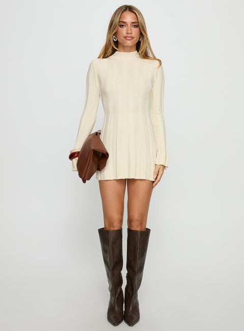 Princess Polly Women's Carlee Mock Neck Long Sleeve Rib Sweater Minidress - Natural - Mini dresses Princess Polly Women's Carlee Mock Neck Long Sleeve Rib Sweater Minidress - Natural - Mini dresses