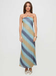 front view of model wearing Princess Polly Celik Strapless Maxi Dress Blue / Brown Straight Neck 