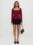 back view of model wearing Princess Polly Gaskin Long Sleeve Top Burgundy Full Sleeves Square Neck 